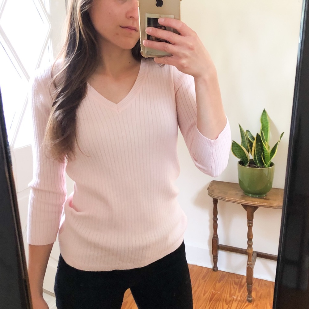 EDDIE BAUER Light Pink Ribbed V-Neck Sweater